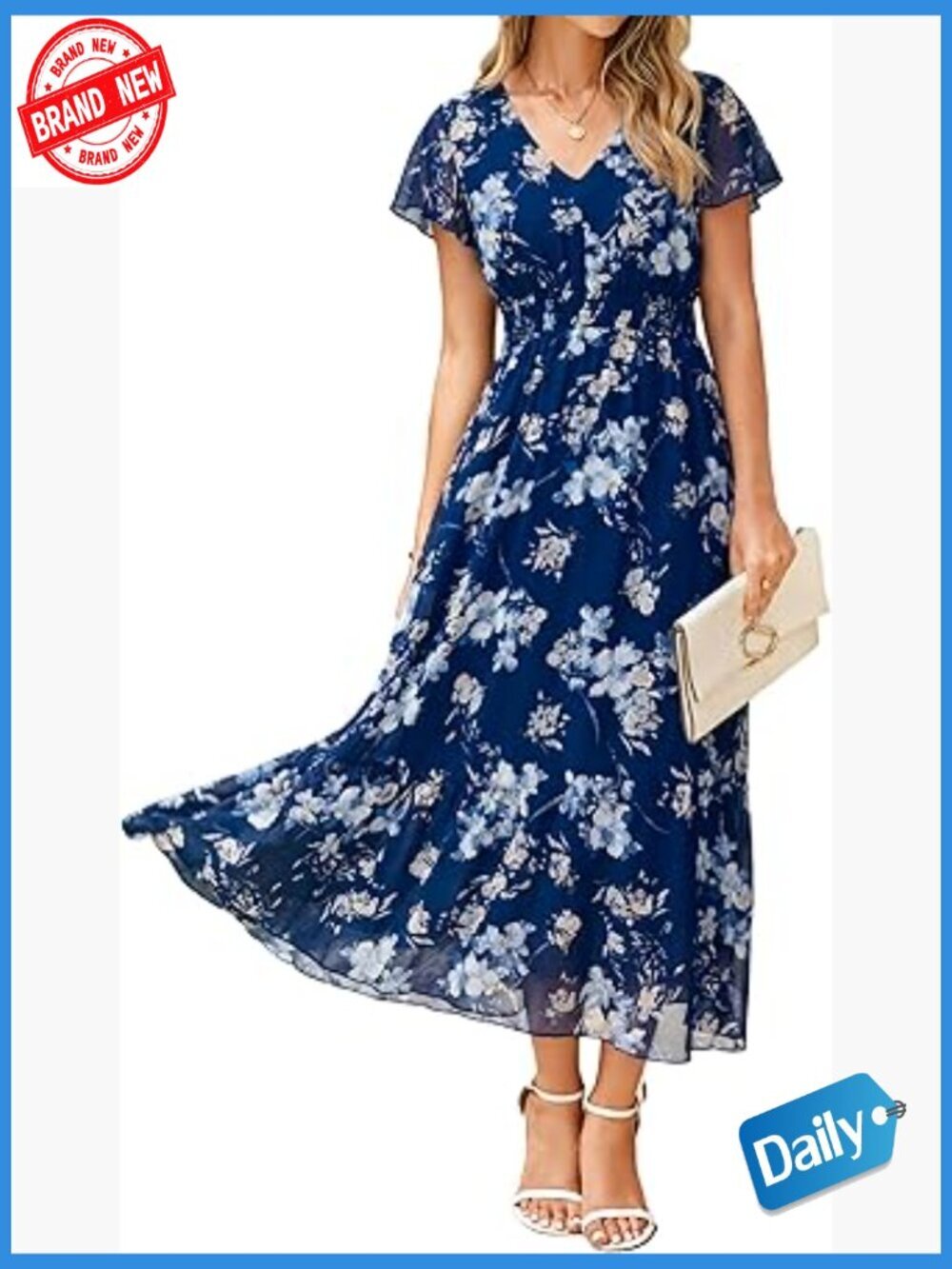 Floral Maxi Dress Short Sleeve Boho Wedding Guest Empire Waist Chiffon Midi